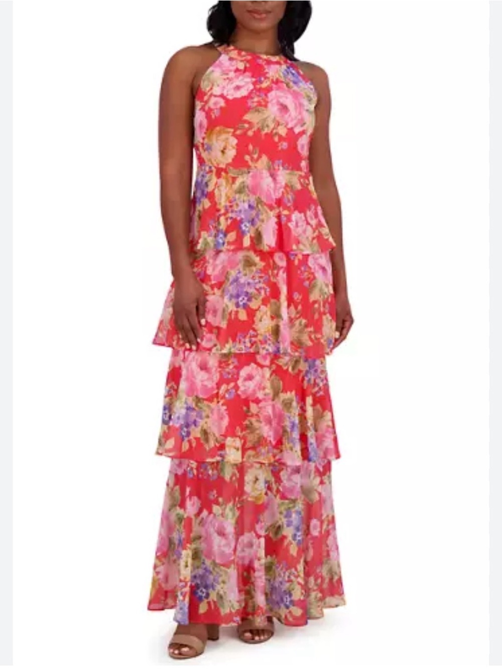 Jessica Howard Coral Floral Tiered Halter Maxi Dress
